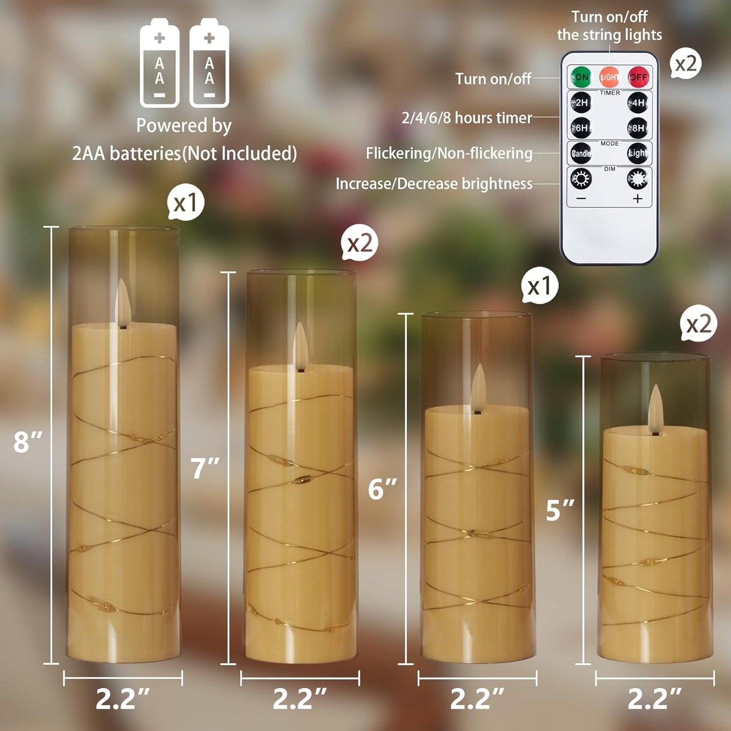 Gold Flameless Candles with Remote and String Light, 2.2"x 5",5",6",7",7",8" LED Battery Operated Plastic Flickering Timer Pillar Candles(Pack of 6,Turn On/Off String Light Mode)