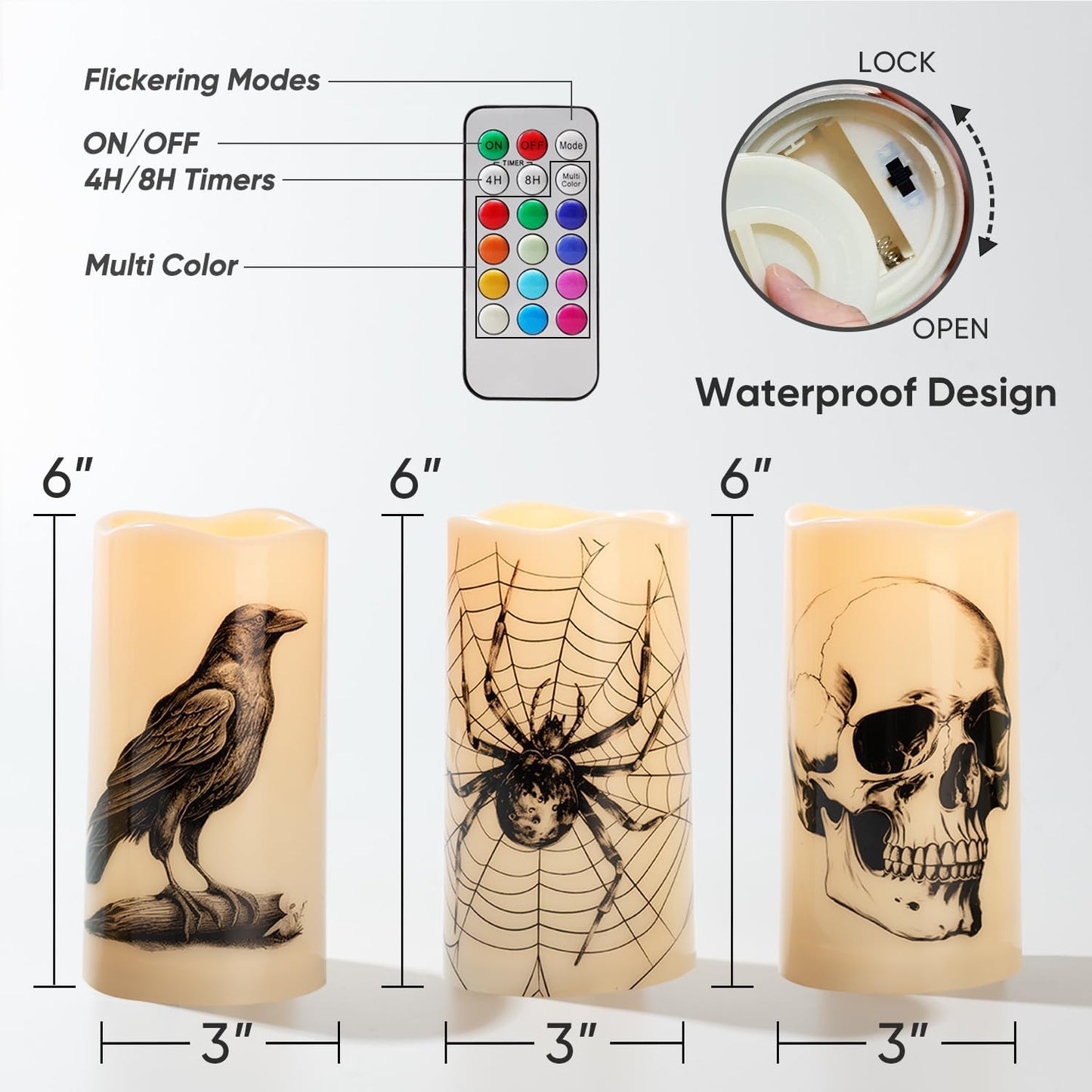 Homemory Halloween Candles, Color Changing Flameless Candle, Battery Opeated Candle, Outdoor Waterproof Plastic Candle with Remote and Timers, Skull, Crow, Spider, 13 Colors, Set of 3