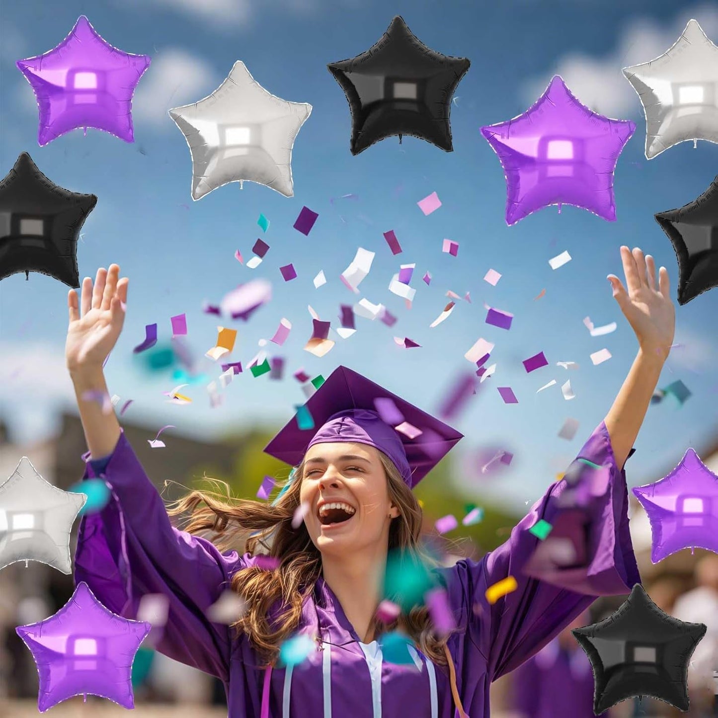 Purple Black Star Balloons 18Inch Lavender Purple Silver and Black Pentagram Foil Balloon 12Pcs Violet Stars Shape Foil Helium Balloon for Girls Women Birthday Graduation Halloween Cartoon Party Decor