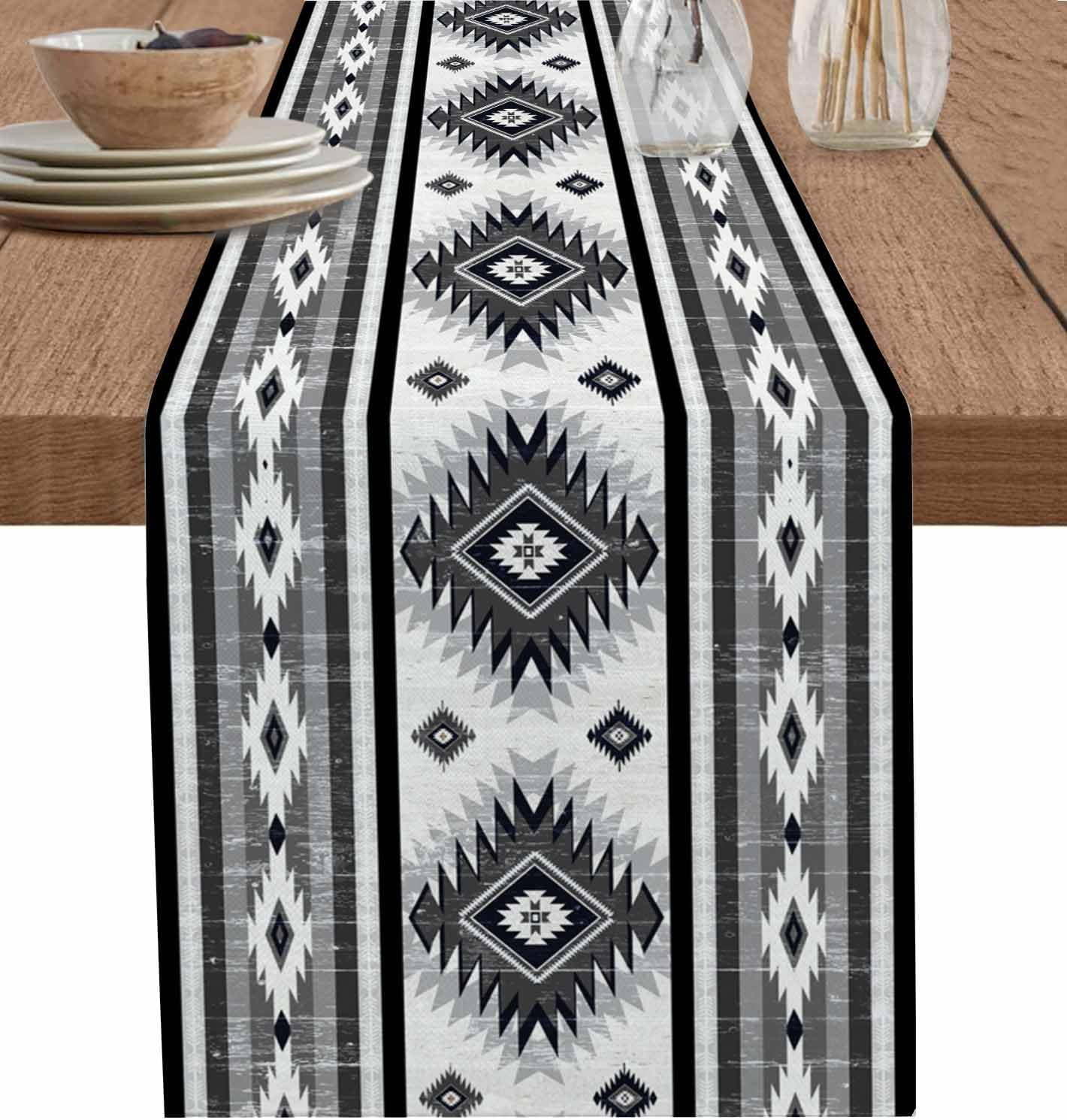 Aztec Southwest Cotton Linen Table Runner for Dining Kitchen, Wedding Outdoor Party Tablerunners Decoration, Boho Ethnic Tribes Vintage Grey Dresser Scarf Coffee Tablecloth Runners 13x90 Inches