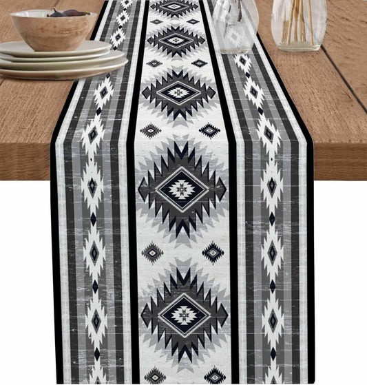 Aztec Southwest Cotton Linen Table Runner for Dining Kitchen, Wedding Outdoor Party Tablerunners Decoration, Boho Ethnic Tribes Vintage Grey Dresser Scarf Coffee Tablecloth Runners 13x90 Inches