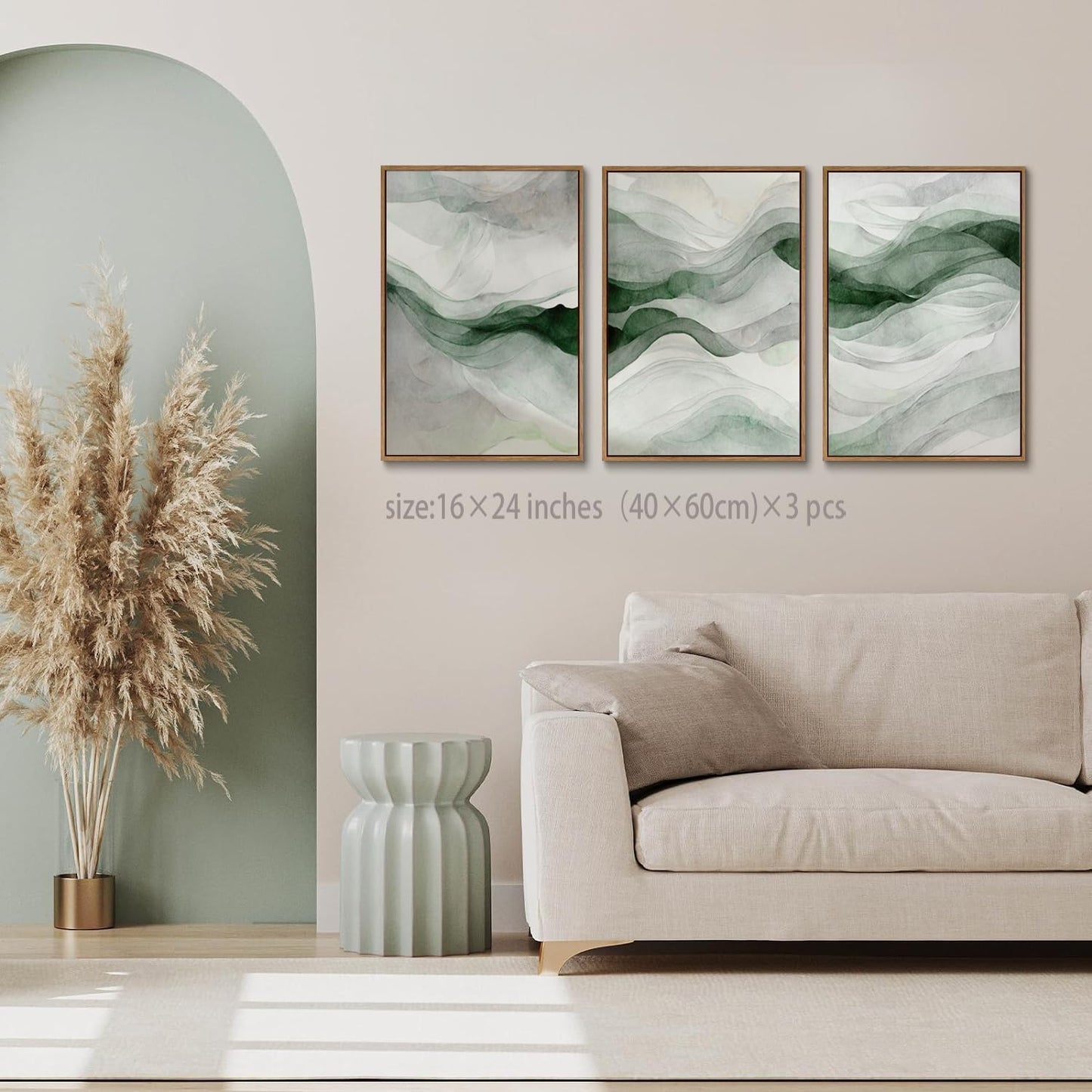 myusuar 3 Piece Large Abstract Framed Wall Art For Living Room, Smoke Texture Ink Teal Soft Green Canvas Wall Art Modern Minimalist Art Prints Wall Décor For Bedroom Office 16x24in