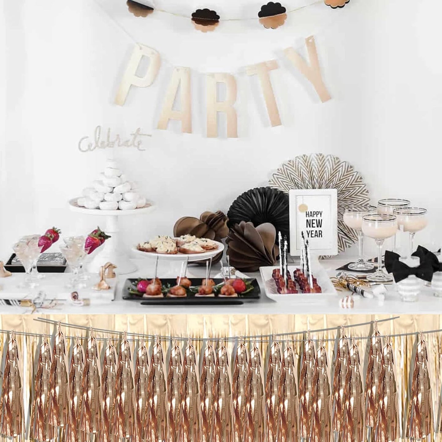 8P Champagne Gold Foil Fringe Metallic Tassel Streamers Banner Tassel Garland for Parade Floats, Bachelorette, Wedding, Birthday, Halloween, Christmas, Bridal/Baby Shower Party Decorations