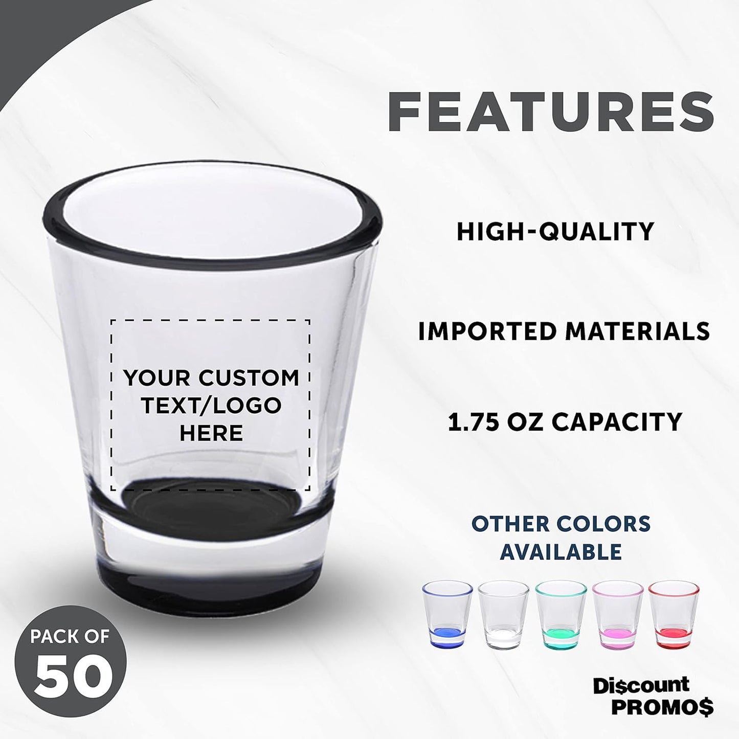 Custom Shot Glasses 1.75 oz. Set of 50, Personalized Bulk Pack - Great for Wedding Favors, Bachelorette Party Decorations, Party Fovors, Color Bottom - Black