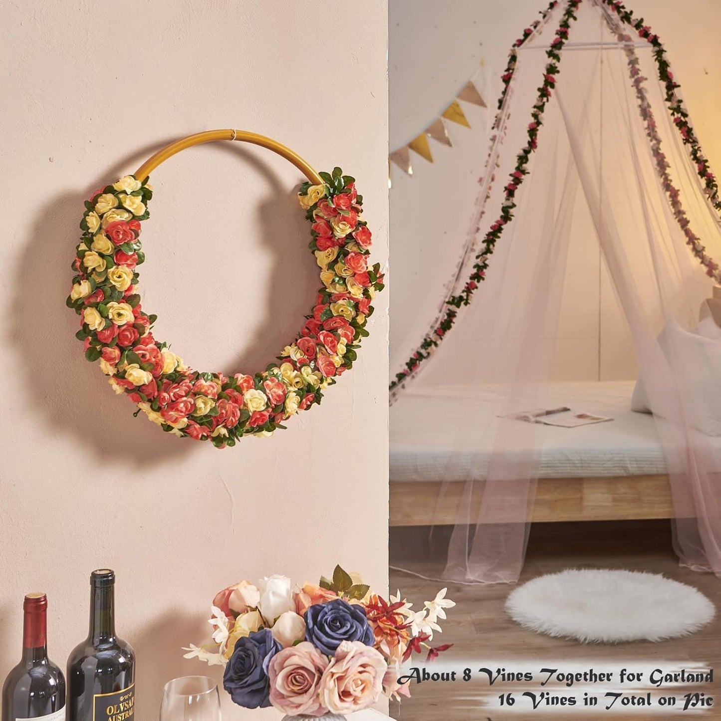 8 Pcs x 8.2 ft Flower Garland Artificial Rose Vine Flowers with Green Leaves Hanging Fake Roses Vine for Room Party Home Wedding Birthday Christmas Wall Arch Decor, Champagne Flower