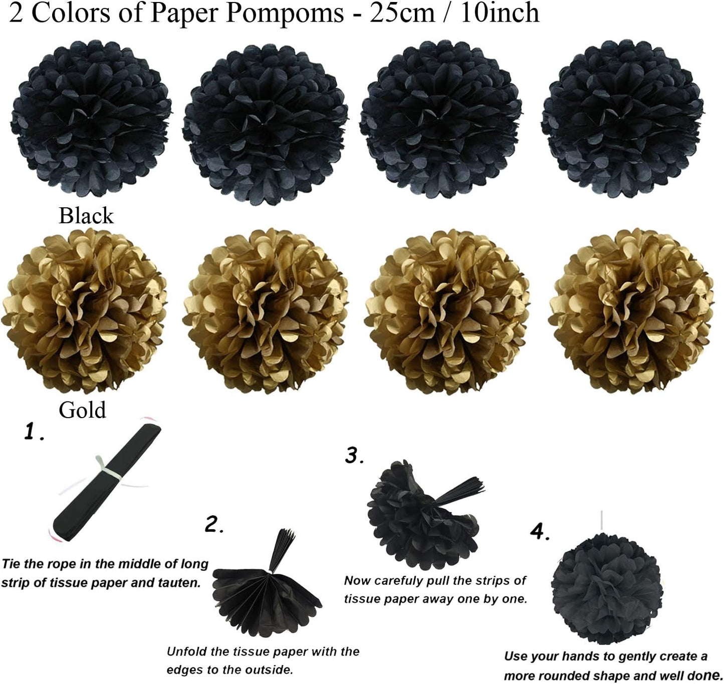 ZERODECO Party Decoration, 21 Pcs Black and Gold Hanging Paper Fans, Pom Poms Flowers, Garlands String Polka Dot and Triangle Bunting Flags for Birthday Parties Wedding Décor, Table & Wall Decorations