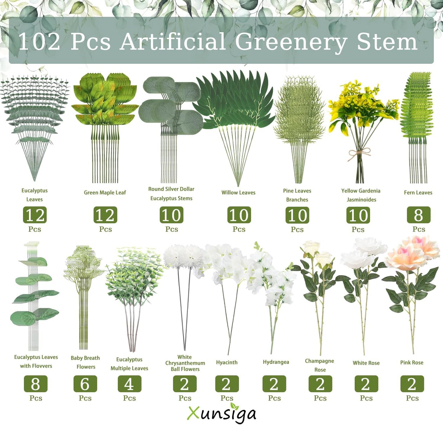 114Pcs Artificial Flowers in Vases Set, Fake Flower Greenery Stem Bulk Sets with 12Pcs Glass Bud Vases, Artificial Plants & Flowers for Wedding Centerpiece Table Decorations