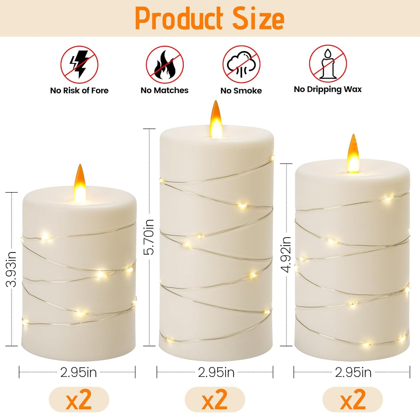Upinmz 6 Pack Flickering Flameless Candles with String Lights,Unbreakable Acrylic Battery Operated Candle with Remote Control and Timer - Ivory White