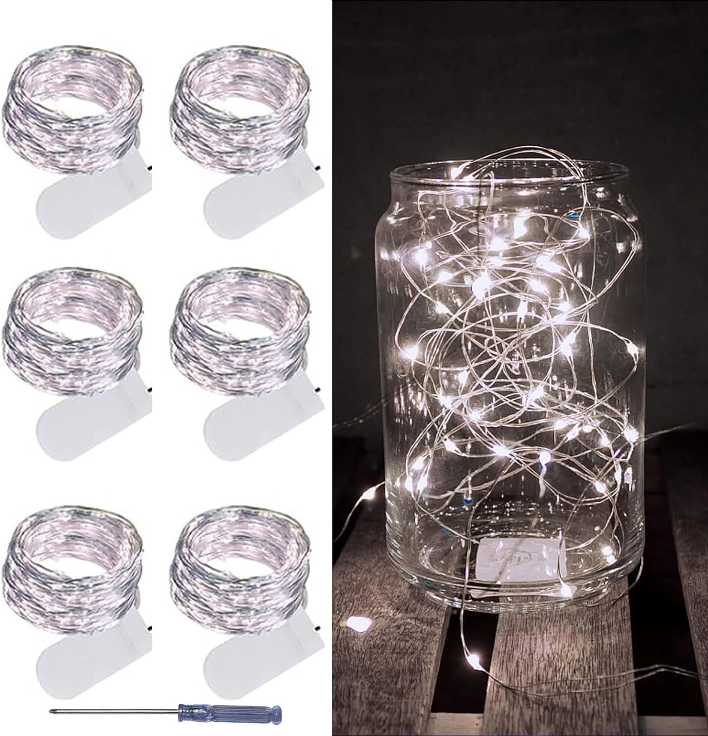 LAMPHOME 6 Pack Fairy Lights Battery Operated String Lights 6.6ft 20 Led Mason Jar Lights Waterproof Silver Wire Light Fireflies DIY Party Wedding Christmas Decoration(6 Pack,White)