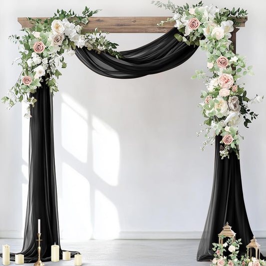 Socomi Wedding Arch Draping Fabric 3 Panels 29" x 18Ft Black Sheer Curtain Drapes 6 Yards for Wedding Baby Shower Ceremony Birthday Party Decoration
