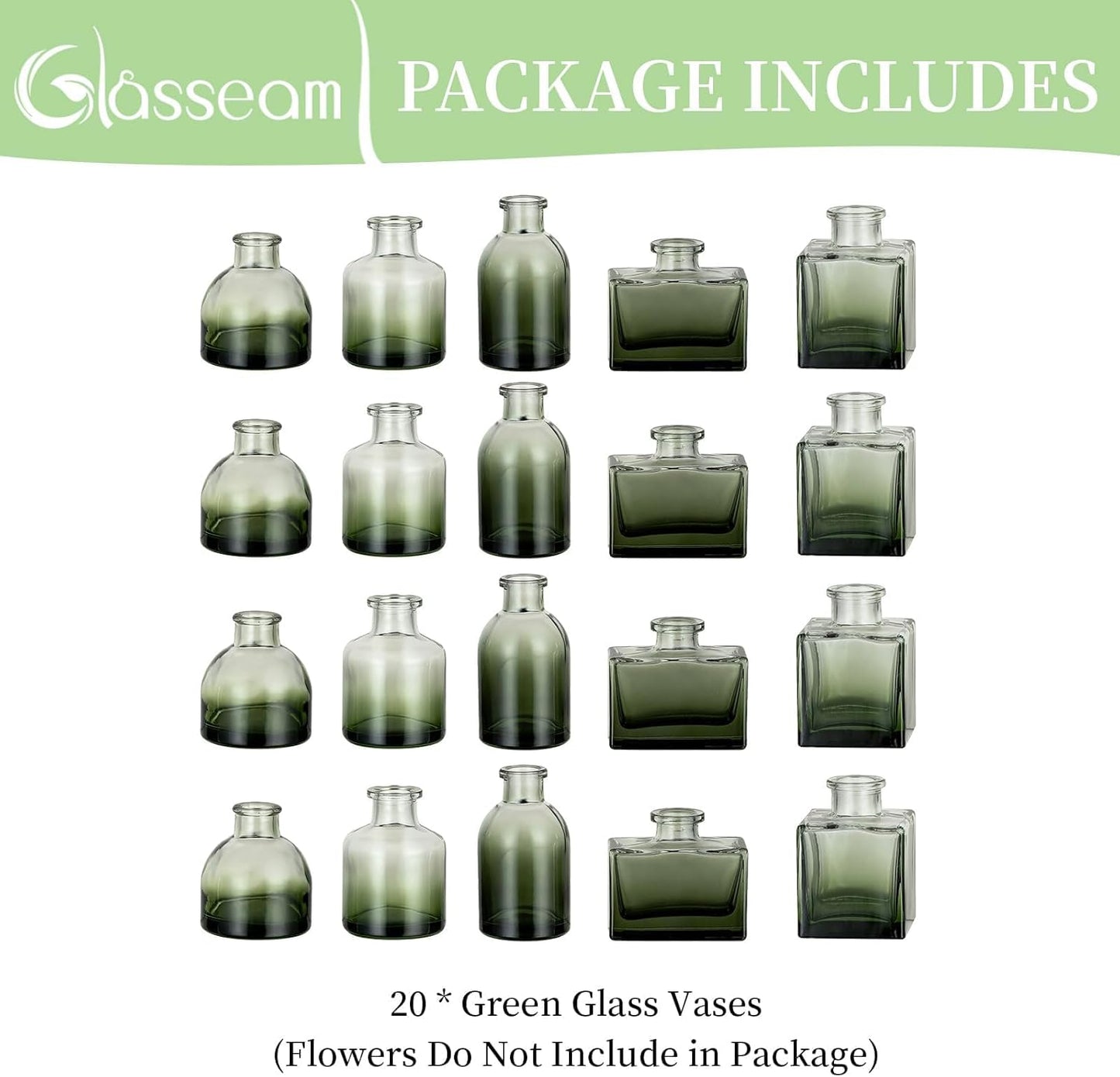 Glasseam Bud Flower Vases in Bulk: 40 Glass Cute Small Vases for Centerpieces Vintage Mini Wedding Birthday Party Table Centerpieces Tiny Baby Shower Dining Room Decoration Green