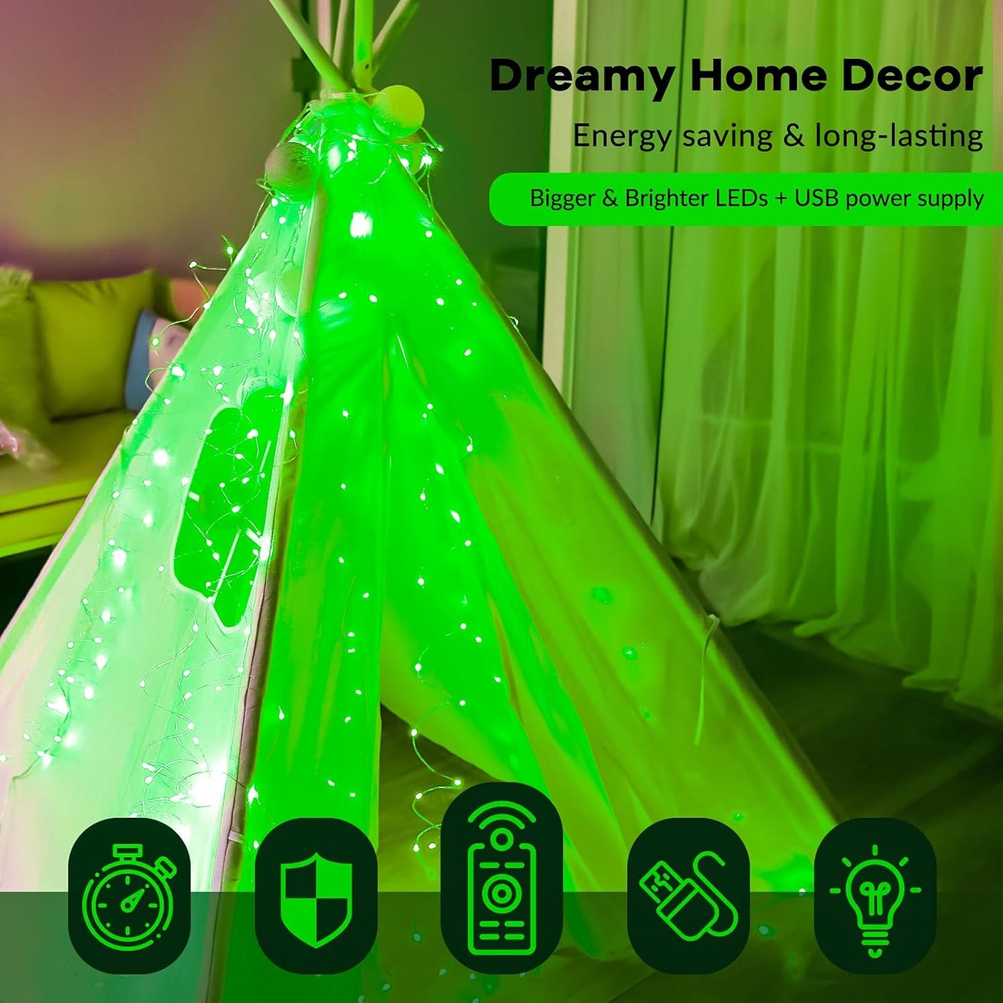 HXWEIYE 300LED Fairy Curtain Lights, 9.8x9.8Ft USB Plug-in 8 Modes Christmas String Hanging Lights with Remote for Bedroom Backdrop Wedding Party Indoor Wall Decor, Green