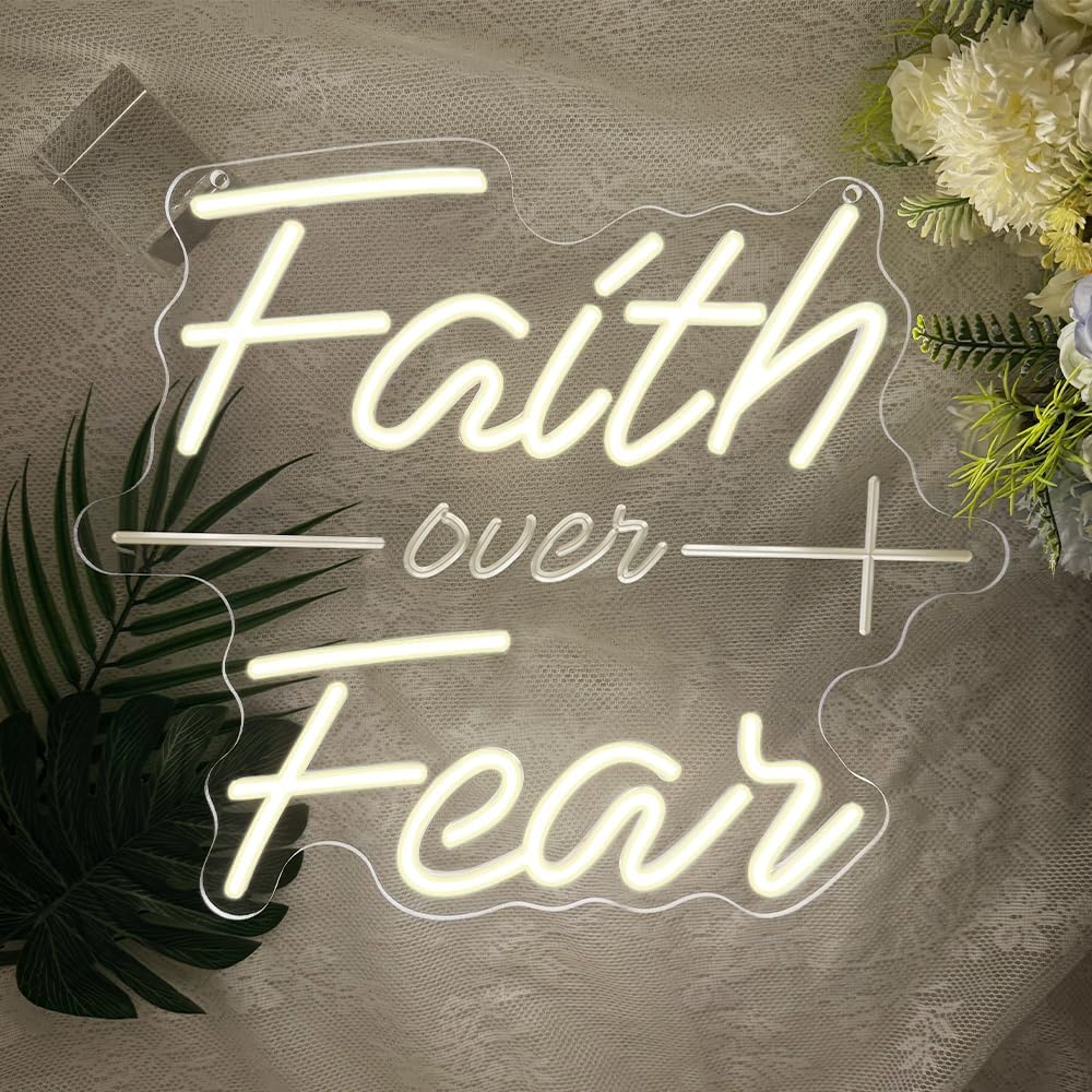 Faith Over Fear Neon Sign,Christian Dimmable LED Light Signs for Wall Art Decor,Warm White Backdrop for Bedroom Club Party Man Cave,Gift for Teen Men USB Powered（13.8"*11.6"）