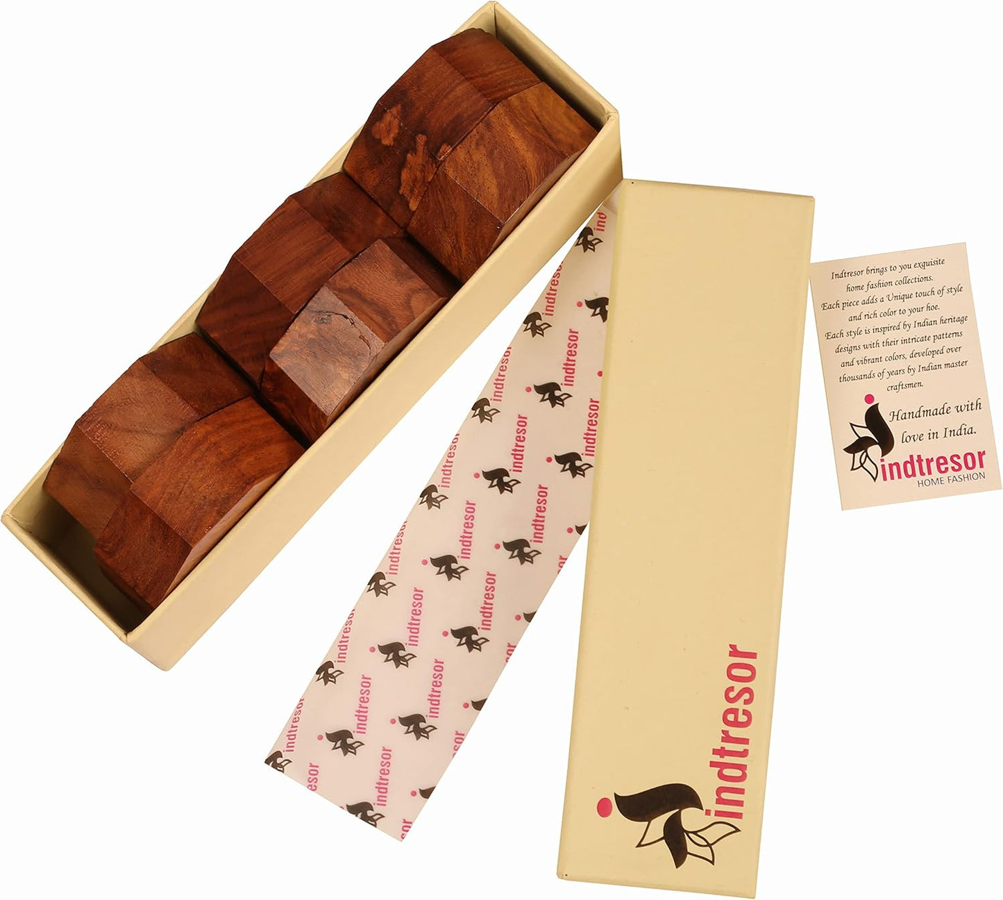 Finely Handcrafted Natural Wood Geometric Pentagon Shape Large Size Party Dining Table Napkin Holders in Natural Tone. (Set of 6).