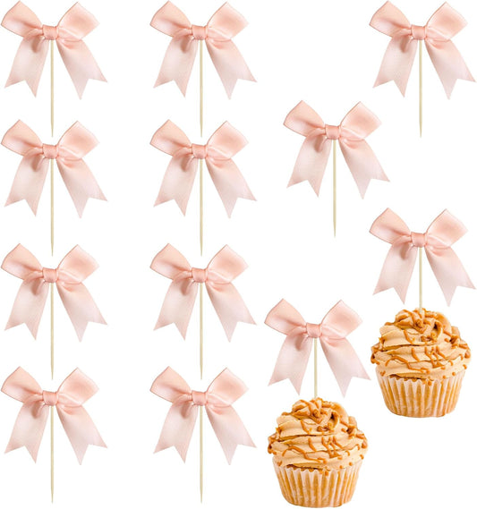 Ephlyn 24Pcs Pink Bow Cupcake Toppers Pink Bow Cake Topper Birthday Decorations, Mini Bowknot Cupcake Picks for Coquette Theme Party Decoration Bachelorette Bridal Engagement Wedding Party Dark Pink
