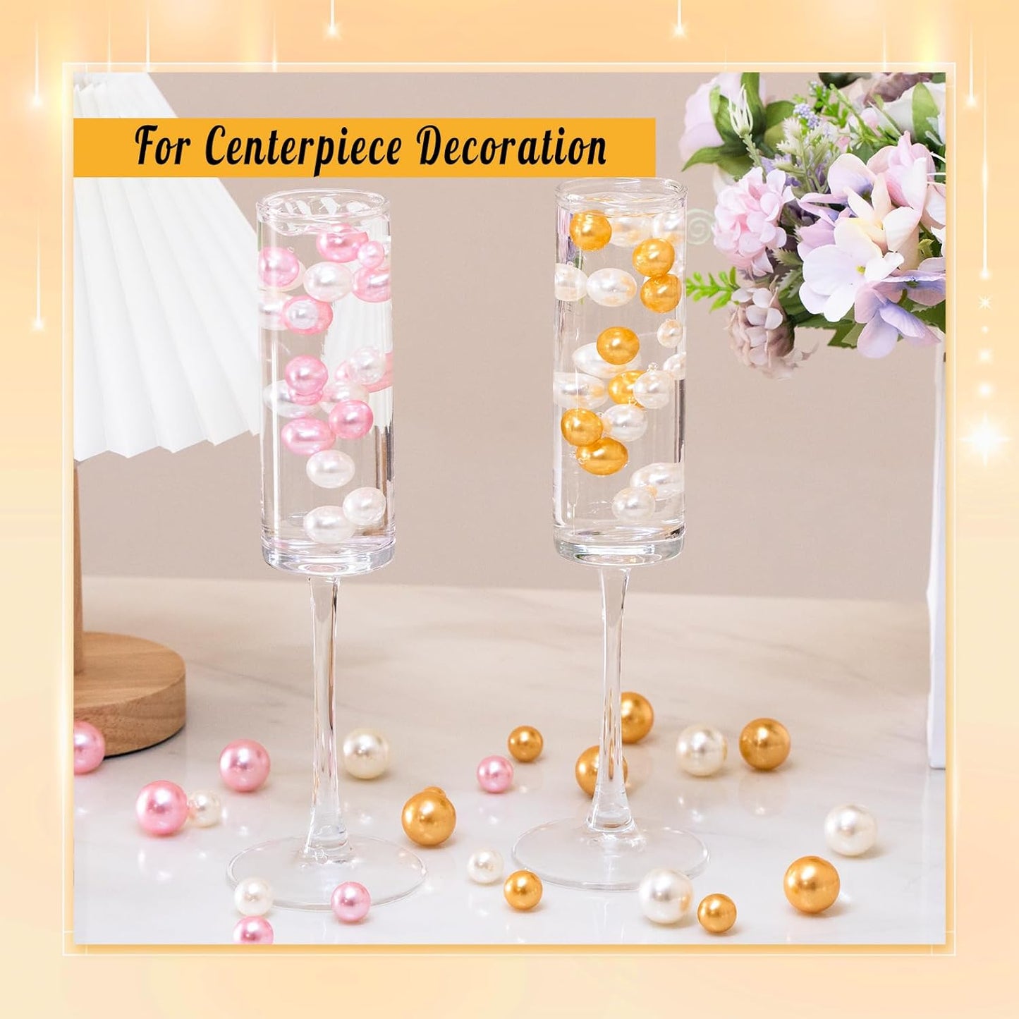 300Pcs Pearl Vase Filler, Ivory Gold No Hole Faux Pearl Beads for Centerpieces Vases, Candle Centerpieces, Wedding Birthday Party Home Decor 8/10/14/20mm