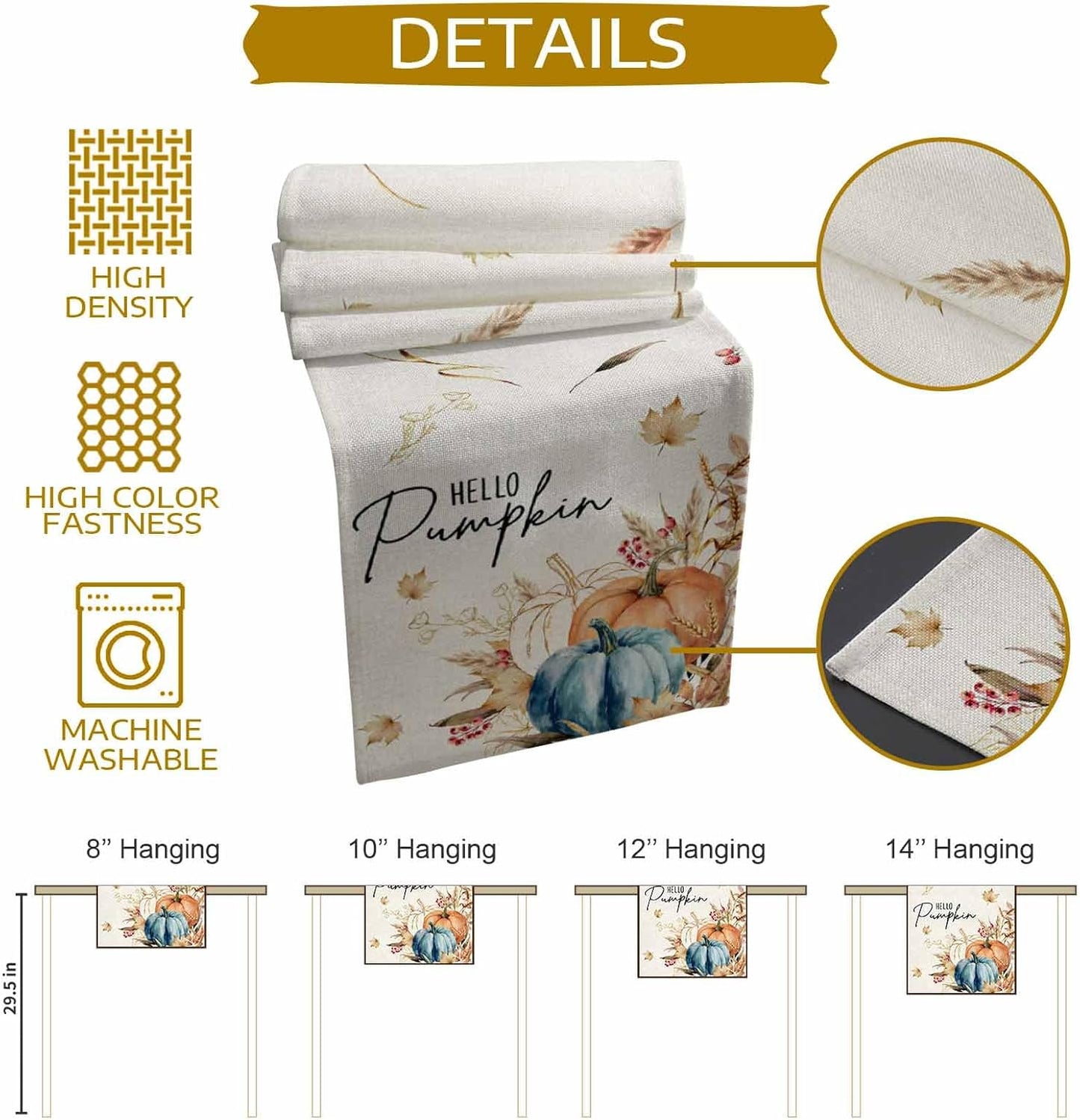 Fall Thanksgiving Cotton Linen Table Runner for Dining Kitchen, Orange Pumpkins Outdoor Party Autumn Tablerunners Decoration, Rustic Wheat Leaves Dresser Scarf Coffee Tablecloth Runners 13x90 Inches