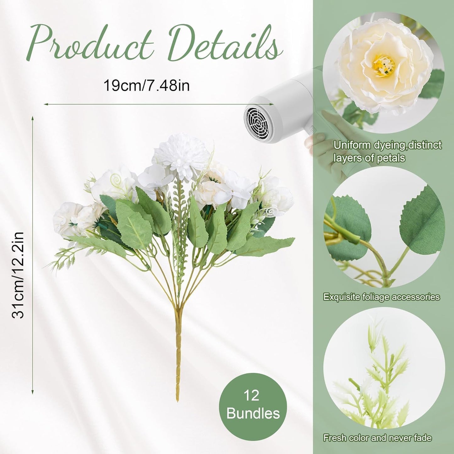 12 Packs Peonies Artificial Flowers,Silk Artificial Peonies Flowers Fake Peony Faux Floral Arrangements Bouquet for Centerpiece Table Wedding Party Home Decor White