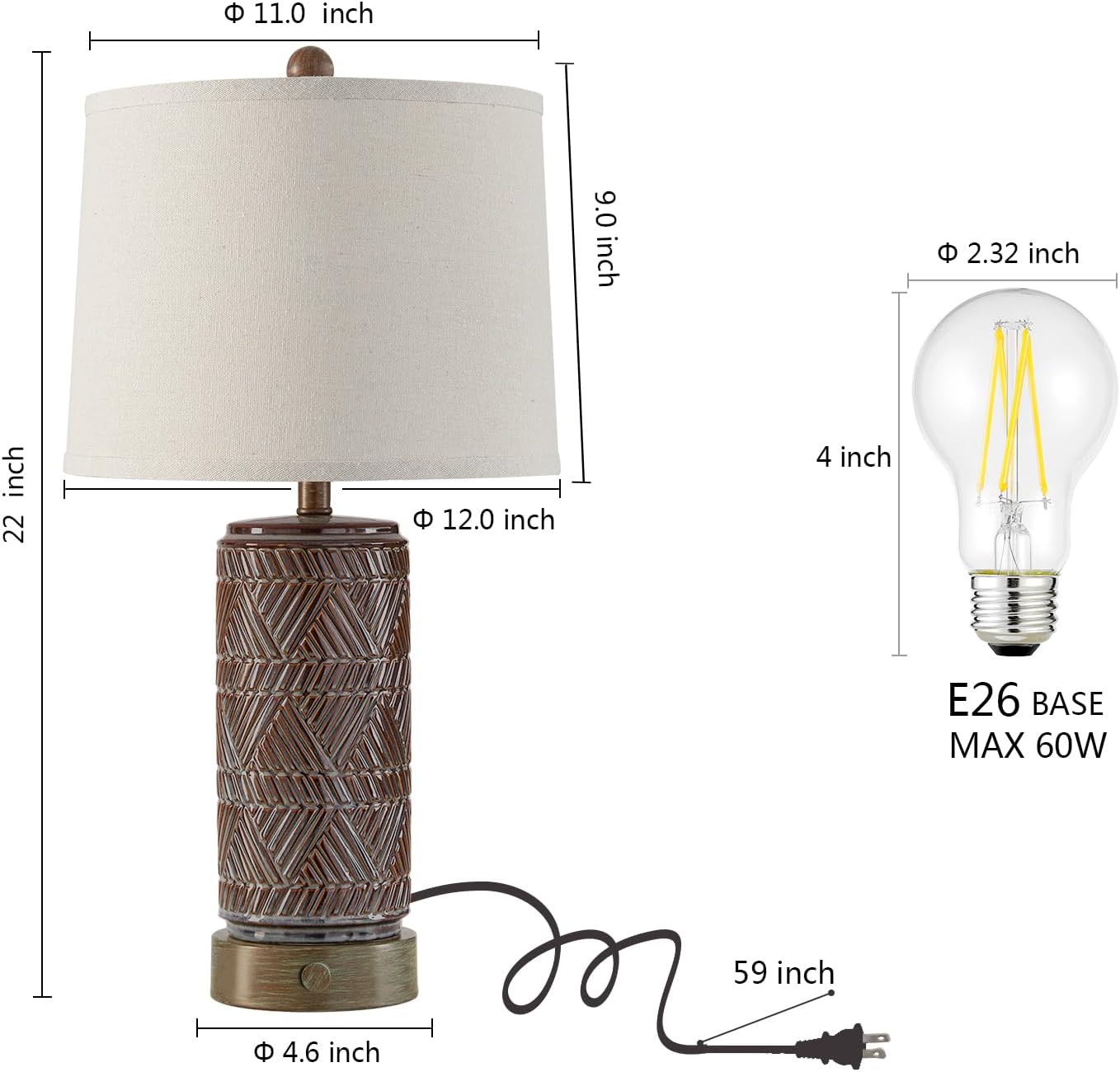 RORIA Set of 2 Farmhouse Table Lamps for Living Room Bedroom, 3 Way Dimmable Touch Nightstand Lamp with 2 USB Port, Rustic Vintage Bronze Ceramic Lamps for End Table Bedside, Bulbs Included