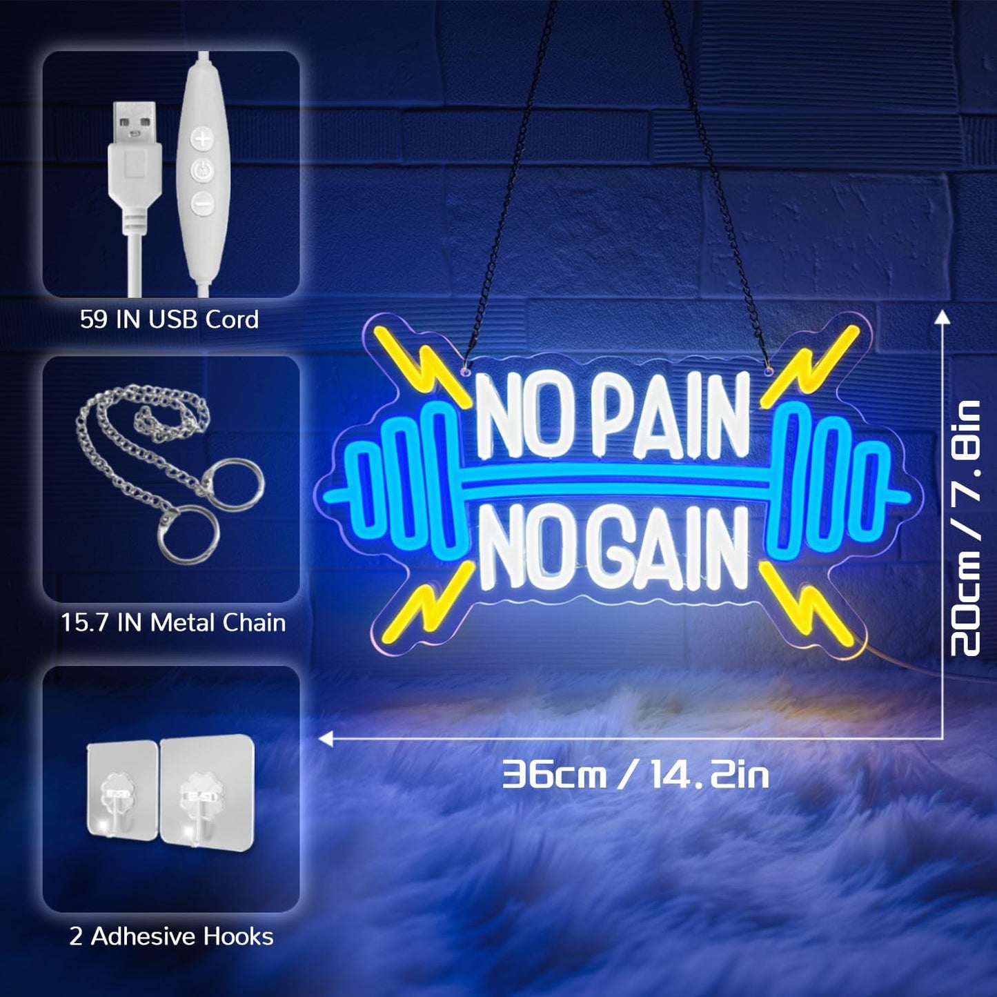 No Pain No Gain Neon Sign for Gym Wall Decor,Led Sign,Neon Lights for Bedroom,Motivational LED Light Up Sign for Home Fitness Room,Garage,Workout,Man Cave,Blue & Yellow Barbell Neon Light