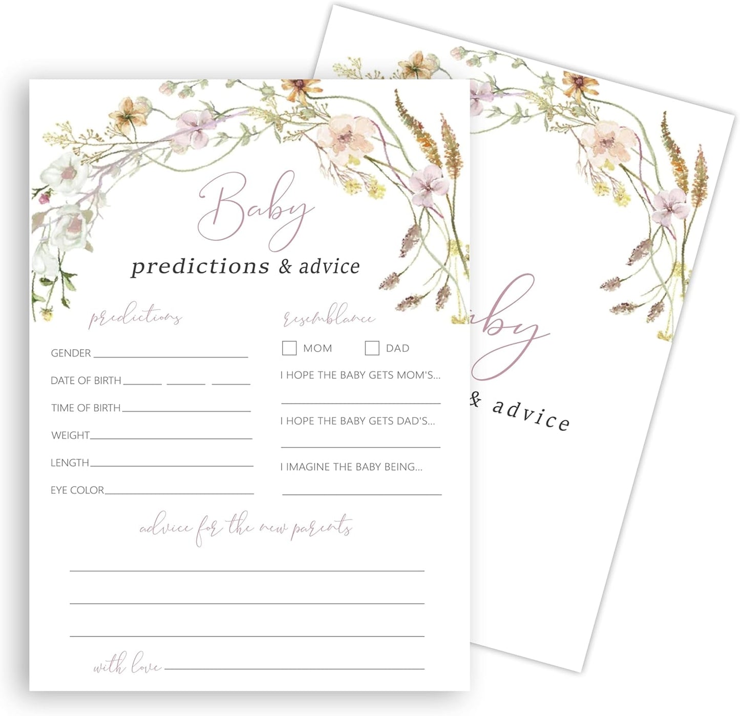 Advice For New Parents Baby Shower, Baby Predictions & Advice Cards For Baby Shower Games Activities, Wishes for Baby, 25 Double-Sided Thick Cards – Flower A04