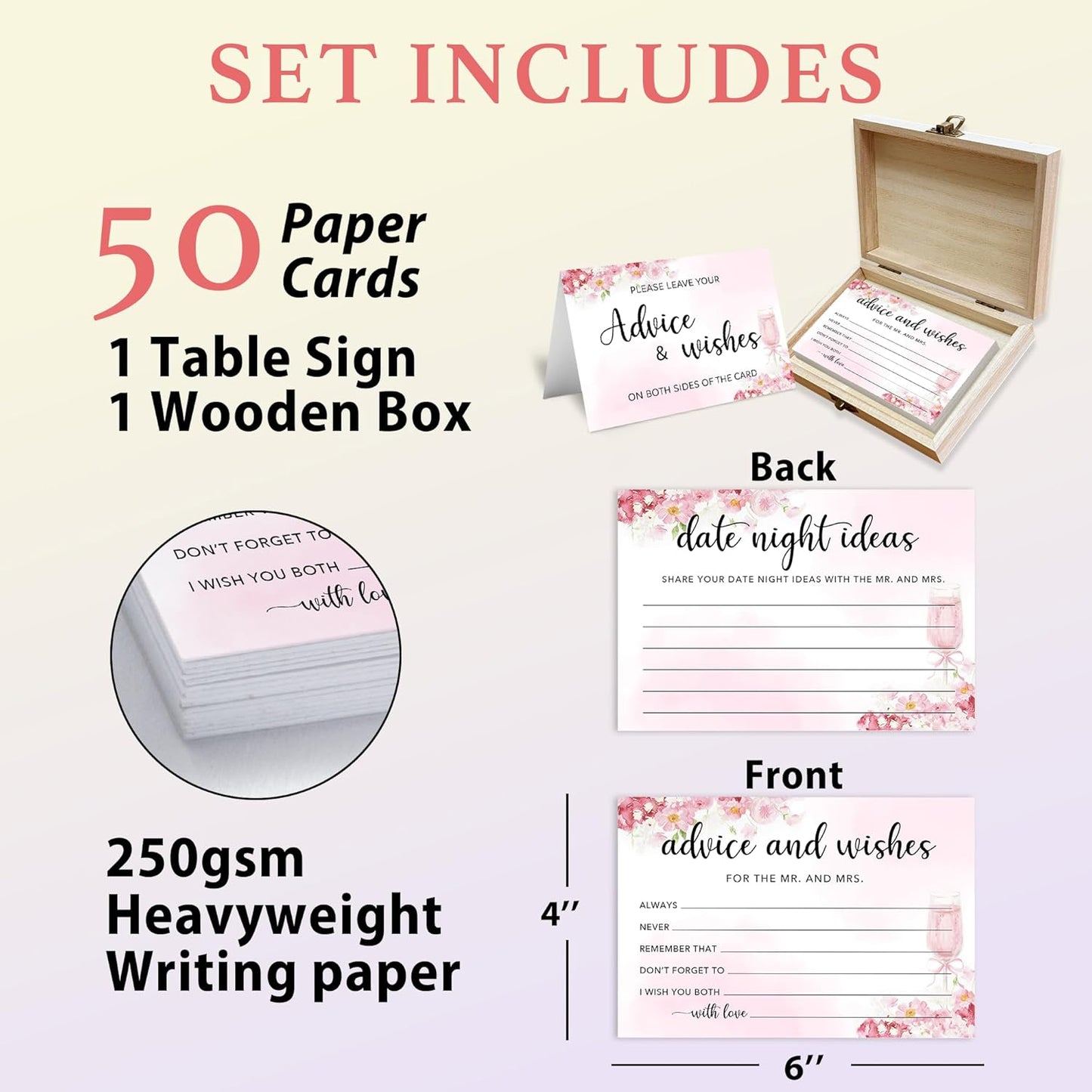 50 Pcs Advice and Wishes for the Mr and Mrs Cards in Box - Bridal Shower Guest Book - Perfect for Newlywed Games, Reception Decor, Engagement Parties & Anniversary Wishes(Champagne) - B02