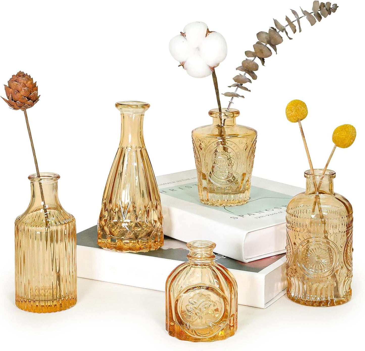 Glass Bud Vase Set of 5, Gold Amber Small Flower Vases for Centerpieces in Bulk, Mini Vintage Vase for Rustic Wedding, Home,Table Decoration