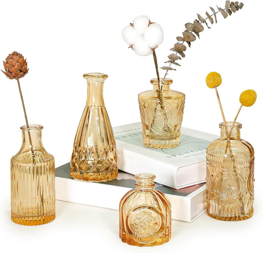 Glass Bud Vase Set of 5, Gold Amber Small Flower Vases for Centerpieces in Bulk, Mini Vintage Vase for Rustic Wedding, Home,Table Decoration