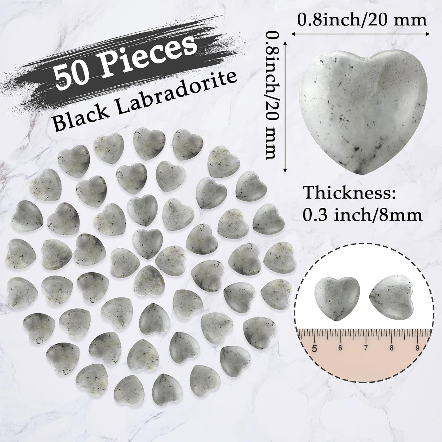 Gerrii 50 Pcs Heart Healing Stone Bulk Quartz Heart Inspirational Stones Gift for Women Love Pocket Polished Natural Energy Balancing Meditation 0.8 Inch(Black Labradorite)