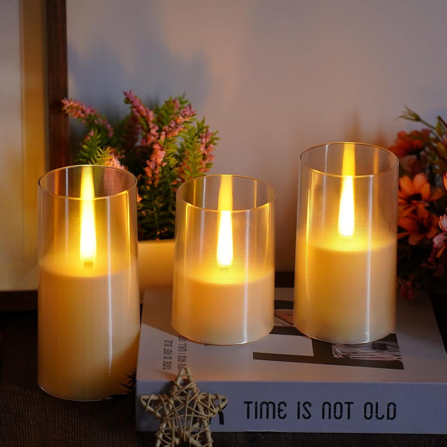 Flameless LED Candles, Upgraded Realistic Flickering Pillar Battery Operated Candles with Remote Timer, Acrylic Electric Set of 3 for Romantic Ambiance and Home Decoration（Ivory）