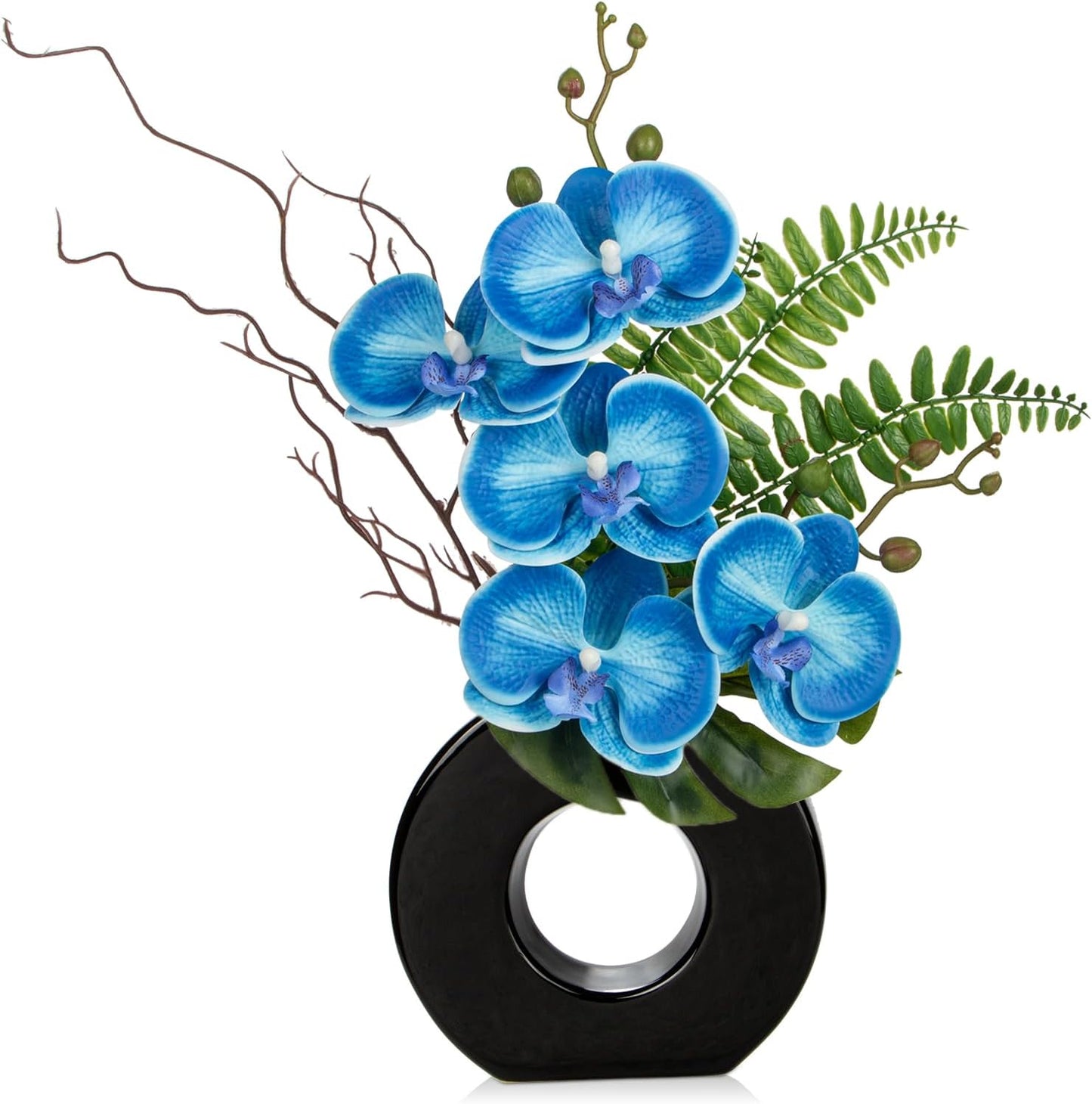 Briful Blue Orchid Fake Flowers with Black Vase, 16.1'' Artificial Orchid Silk Flowers Faux Orchid Arrangement for Home Office Room Table Centerpiece Modern Decoration
