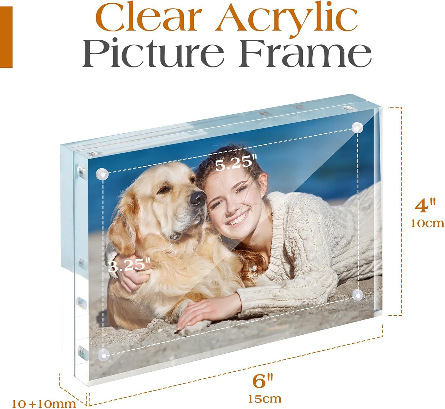 TWING 3 Pack 4 x 6 Acrylic Frame,Acrylic Picture Frames Horizontal Magnet Double Sided 4x6 Picture Frame,10+10MM Thick Clear Frameless Desktop Display Magnetic Block Photo Frame Gift Ideal
