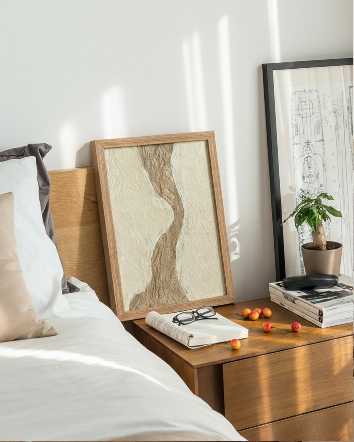 VIYYIEA Framed 3D Textured Wall Art, Handmade Paper Artwork,12x16inch, Modern Minimalist Neutral Beige Decor for Living Room Bedroom Shelf, River Abstract Picture