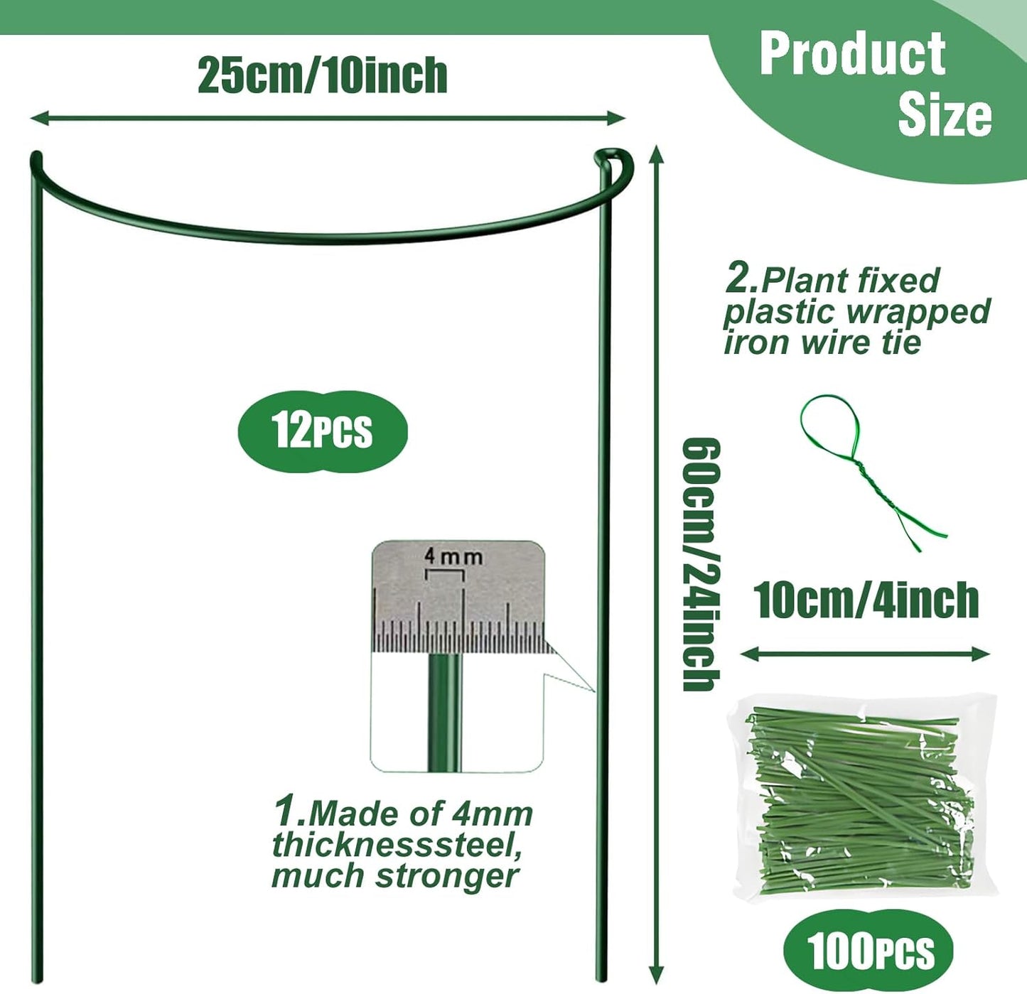 12 Pack Tall Snake Plant Support Stakes, 10" W x 24" H Half Round Peony Cages and Supports for Indoor and Outdoor Plants, Plant Cage Ring Support for Flower,Hydrangea, Peony, Tomato, Rose Bush