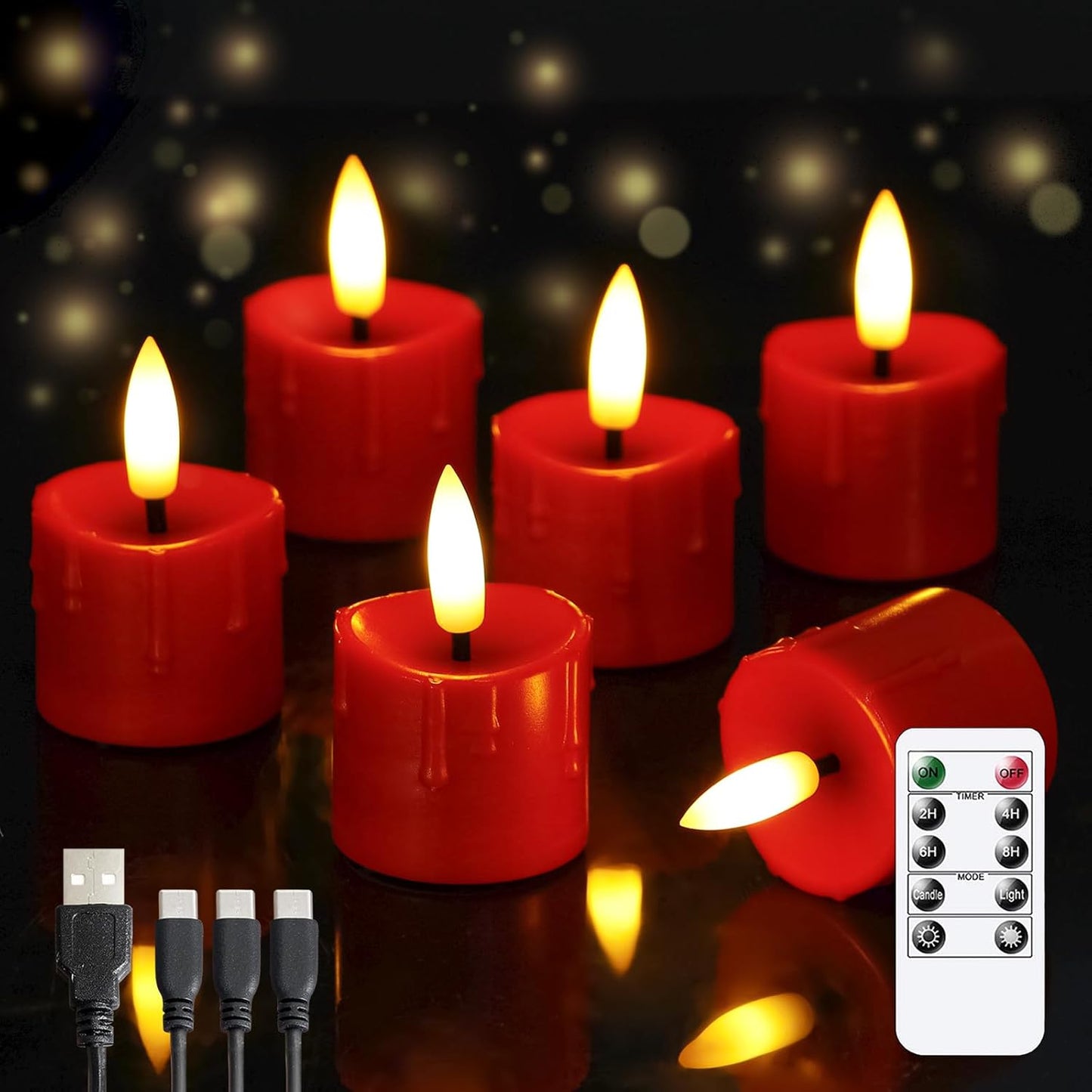 Rechargeable Flameless 1.6" x2.5" Tea Light Candles with Remote & Type-C Charging Cable, Timer LED Flickering Burgundy Plastic 6pcs Mini Dripping Wax Votive Tealight Candles