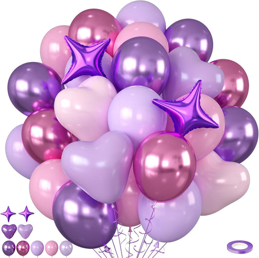 Pink and Purple Balloons, 50pcs Pink Purple Balloons With Macaron Heart Latex Balloon, Four Star Heart foil Balloon For Birthday Baby Shower Girls Women Party Wedding Bridal Shower Anniversary Decor