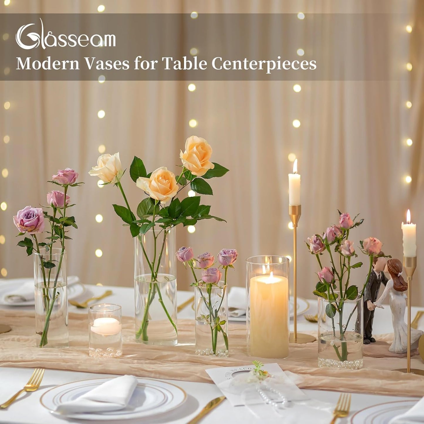 Glasseam Clear Cylinder Vases for Centerpieces, Glass Cylinder Vase Set of 30 for Flowers, Modern Hurricane Candle Holder for Pillar Candles, Floating Candle Vases for Wedding Table Decorations