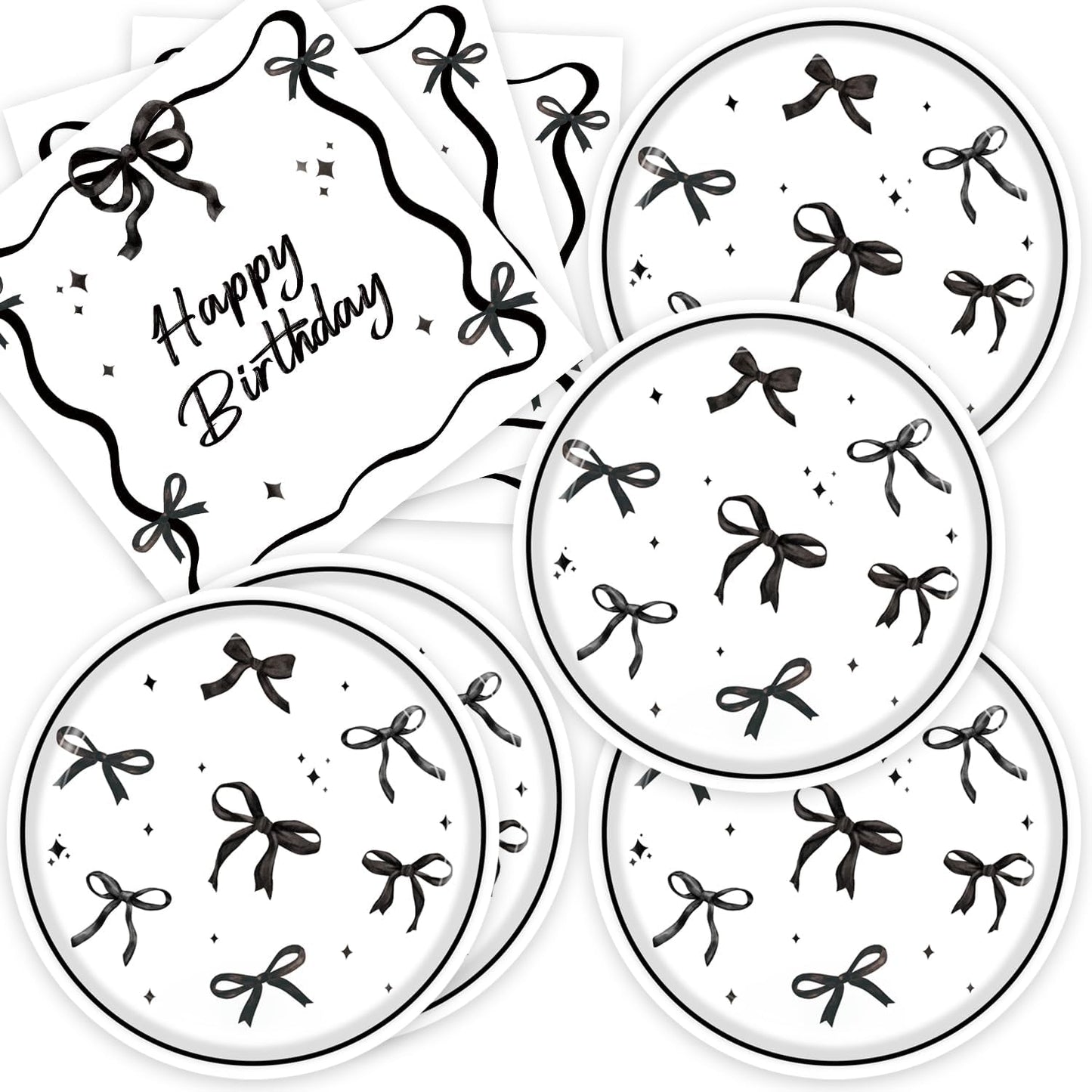 40pcs Black Bow Birthday Decorations Sophisticated Coquette Birthday Supplies,Black Bow Plates and Napkins,Suitable for 20 Guests