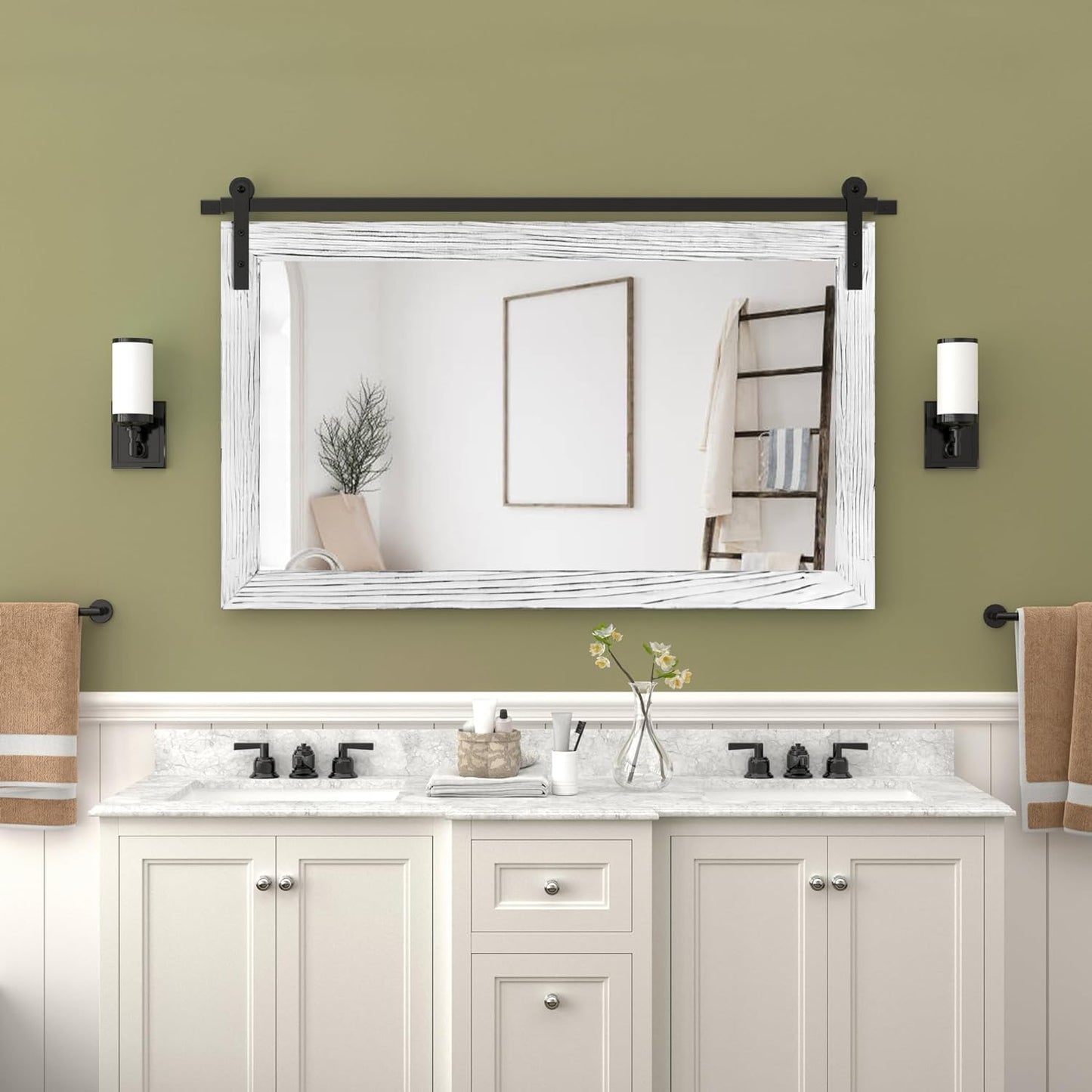 COGOOD Farmhouse Barn Door Mirror - 41" x 26" Rustic Wood Framed Wall Mirror for Bathroom, Living Room, Bedroom Wall Decor (White)