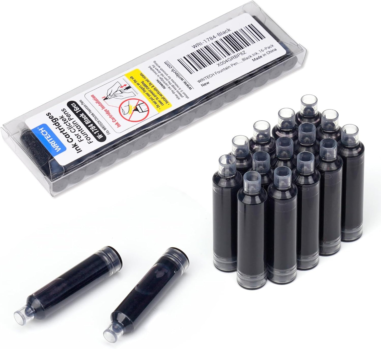 WRITECH Black Ink Cartridge Set: 16 Ink Cartridges Clictek Fountain Pens