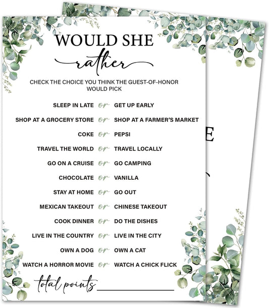 Eucalyptus Bridal Shower Game Cards - Would She Rather, Wedding Engagement Bachelorette Party Bridal Shower Games for 30 Guests, Double Sided Cards Set of 30, Activity Supplies & Favor/A07
