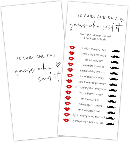 Bridal Shower Games, He Said She Said, 25Pcs 4x9inch Minimalist White Double-Sided Bridal Game Cards, Wedding Shower Games for Guests, Engagement Bachelorette Party Supplies - A12