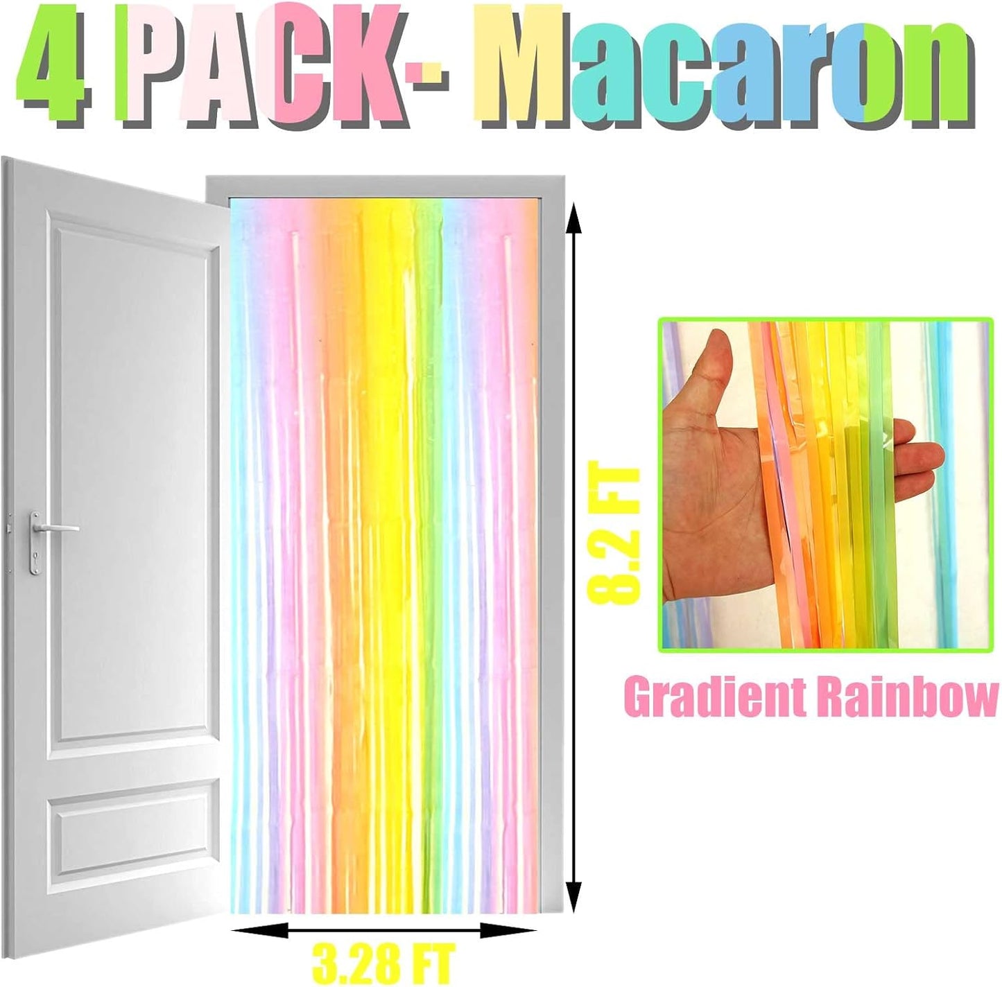 4 Pack Macaron Rainbow Foil Fringe Curtain Backdrop, 3.28Ftx8.2Ft Colorful Foil Fringe Streamers Curtains for Party, Photo Booth Props, Birthday, 2022 Graduation Decoration Supplies
