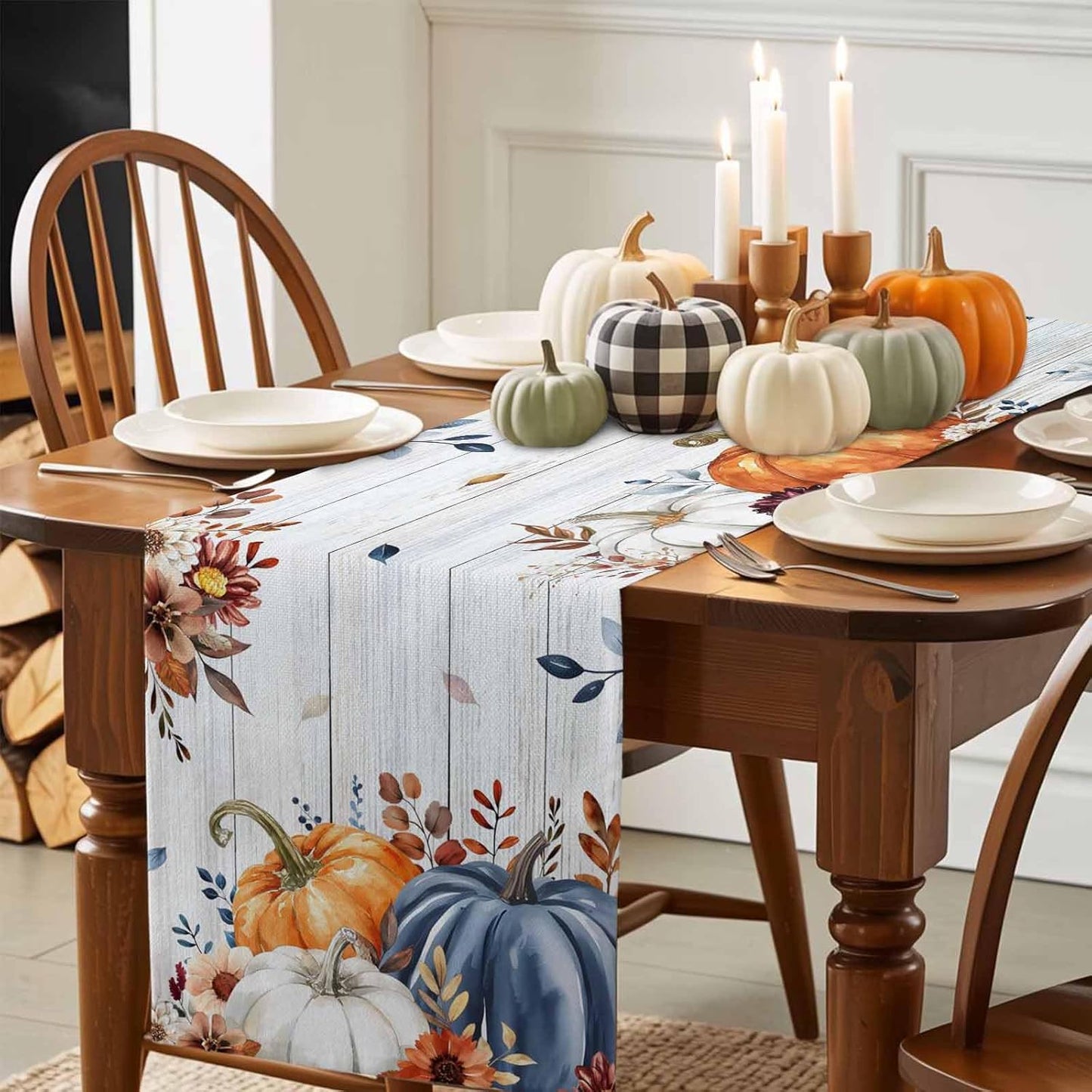 Thanksgiving Fall Cotton Linen Table Runner for Dining Kitchen, Pumpkins Eucalyptus Wedding Outdoor Party Tablerunners Decoration, Farmhouse Wooden Dresser Scarf Coffee Tablecloth Runners 13x90 Inches