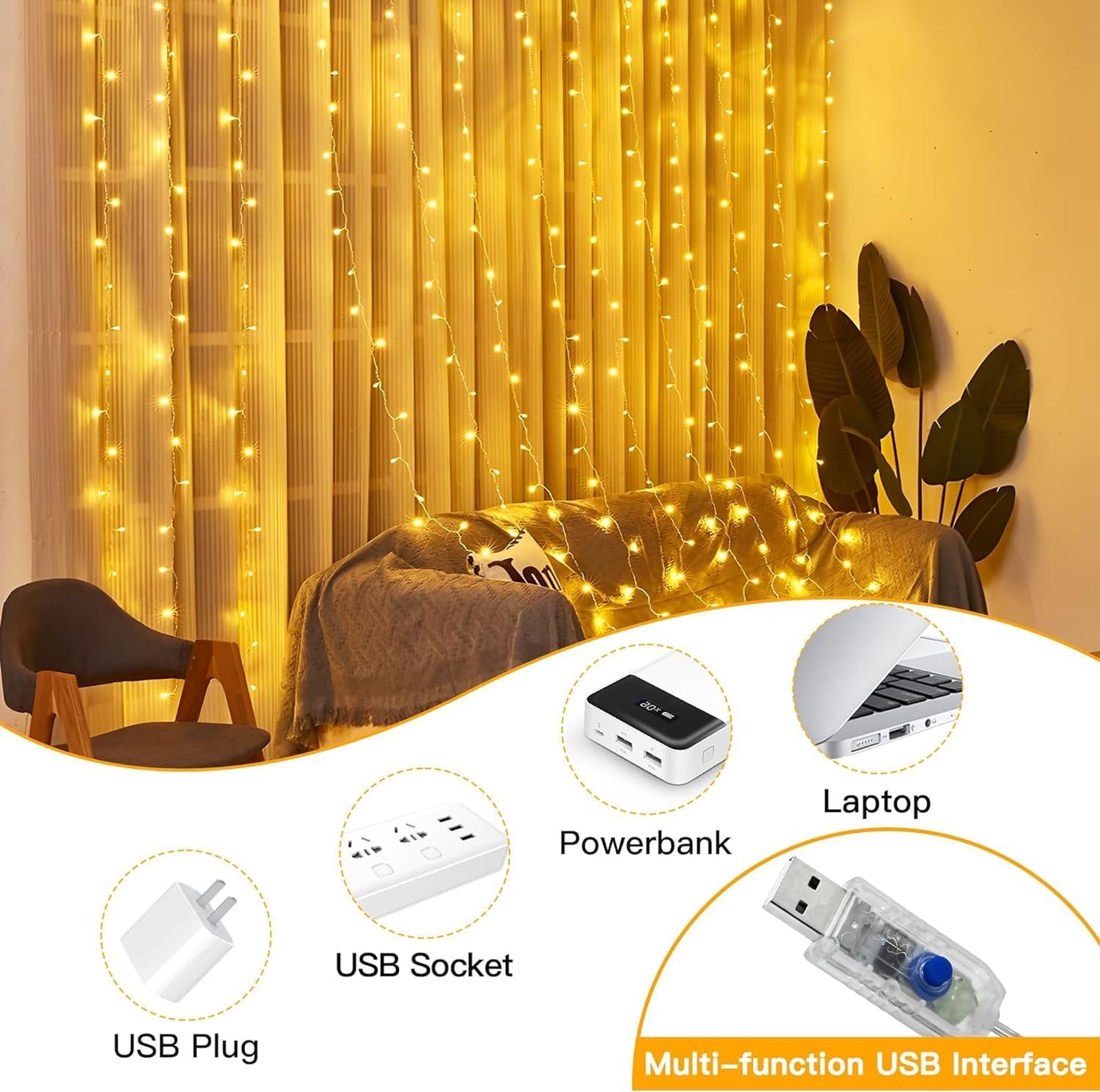 Ollny 2 Pack Curtain String Lights Warm White, 400LED 6.6x6.6ft Fairy Lights With Remote 8 Modes, Hanging Outdoor Waterproof, USB Power Wall for Bedroom Indoor Backdrop Window