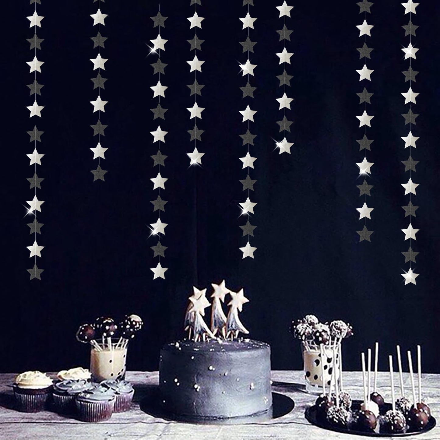 Black-Silver Birthday Graduation Party-Decorations Garland - 62ft Glitter Twinkle Little Star Hanging Streamers Banner Decor,Bachelorette Wedding Baby Bridal Shower New Years Supplies Backdrop Hugtmr
