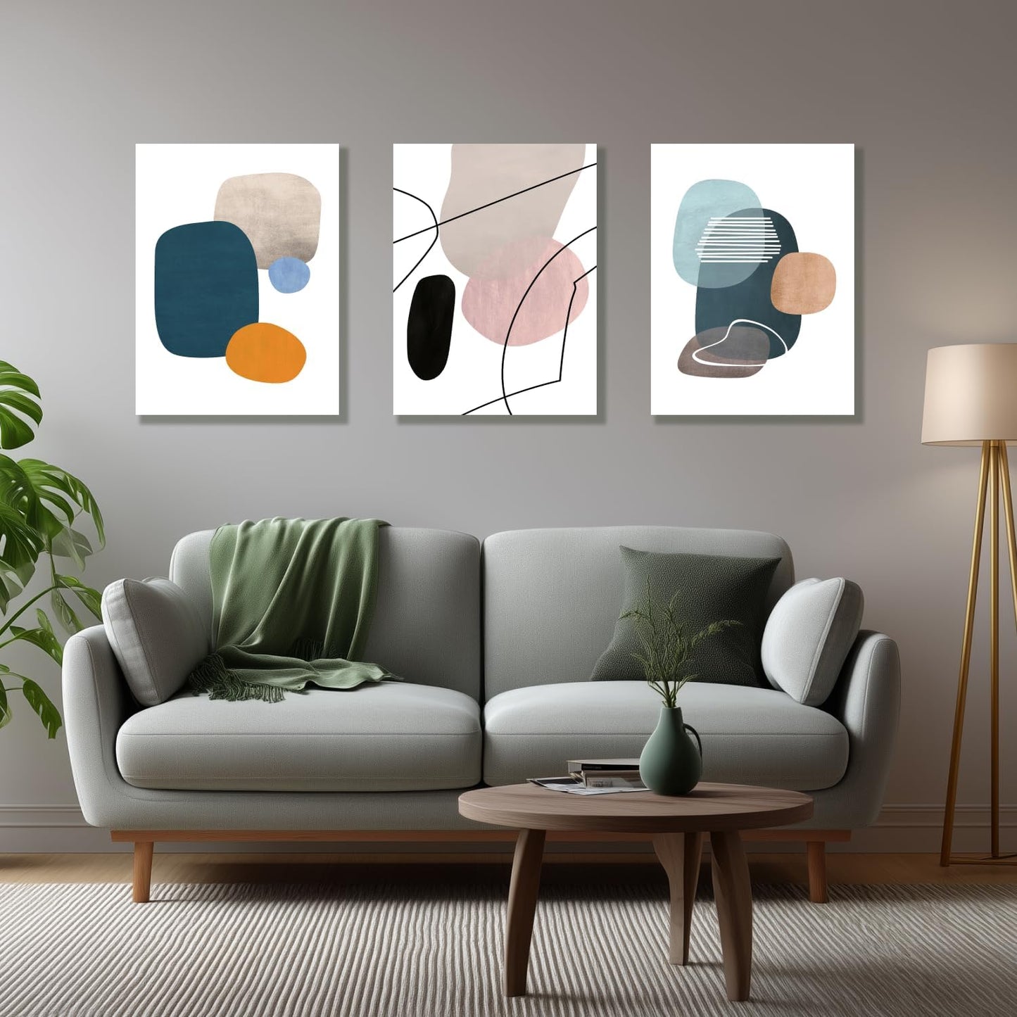 IAFWZX Framed Abstract Geometric Wall Art, Orange Blue Beige Color Block Wall Decor, Modern Minimalist Canvas Painting, Neutral Boho Colorful Geometric Aesthetic Picture for Living Room 12"x16"x3
