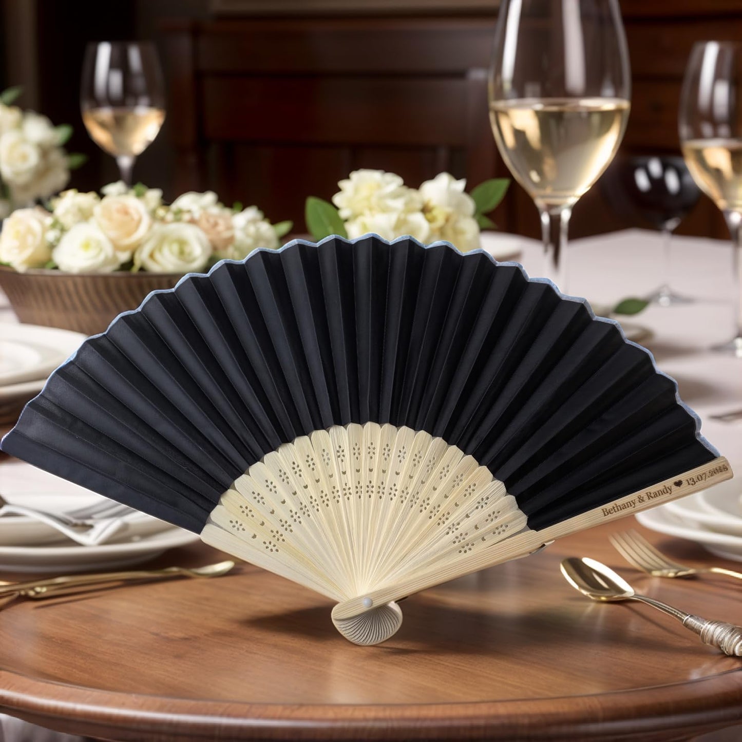 90Pcs Personalized Silk Fans Folding Hand Fan, Custom Wedding Bridal Party Favors, Summer Wedding Bride, Wedding Gift, Thank You Gift (Black)