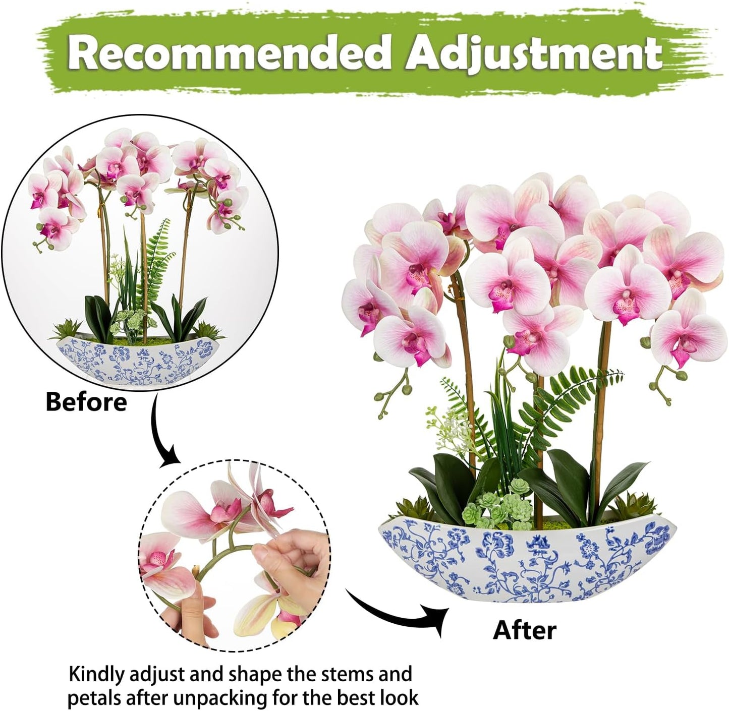 Briful Orchid Artificial Flowers 18in Pink Fake Orchid Silk Flowers with Blue and White Ceramic Pot Faux Phalaenopsis Arrangement for Home Office Room Dining Table Centerpiece Modern Decor