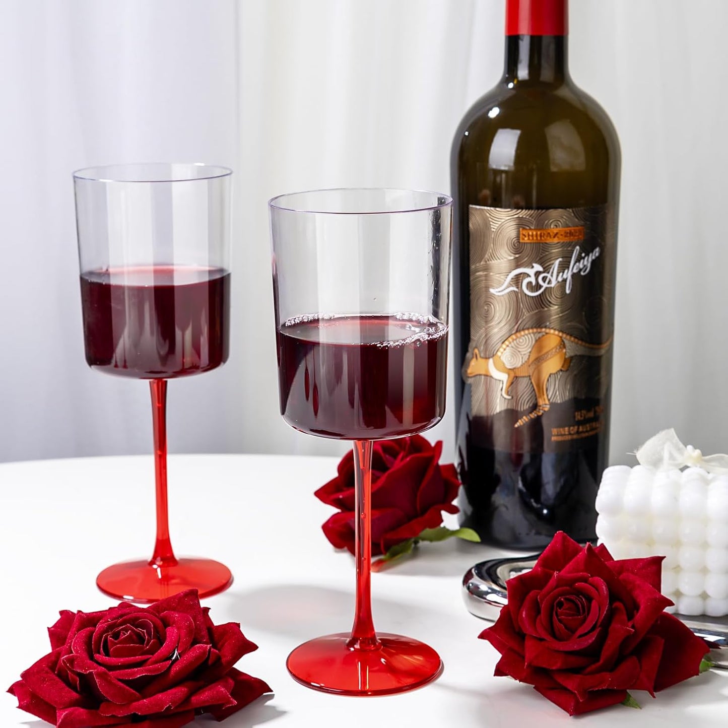 Ciaell 12 Pack 10 Oz Clear Plastic Wine Glasses with Red Stem - Disposable Cocktail Goblets Perfect for Parties & Weddings & Poolside & Outdoors & Camping & Party & Christmas